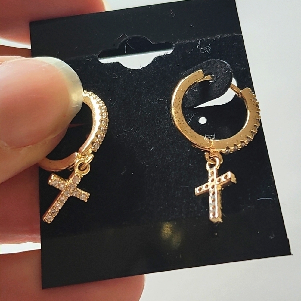 Small gold rhinestone cross hoops